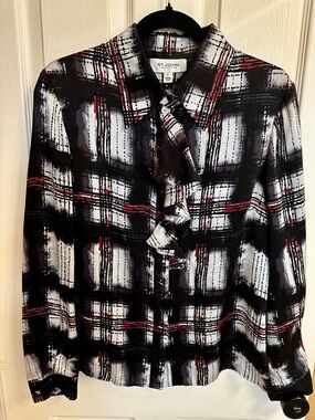 St. John Collection 100% SilkPlaid Ruffle Neck Blouse in Black White Red Size 10